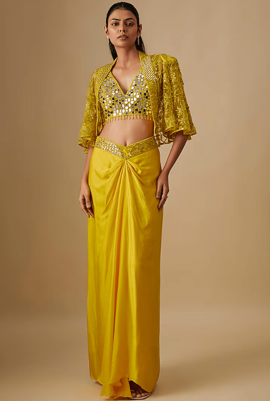 Yellow Satin Organza Mirror Hand & Machine Embroidered Cape Set