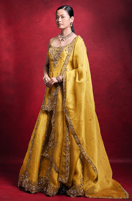 Mustard Organza & Raw Silk Zari Embroidered Gharara Set - Image 2