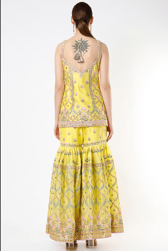 Lemon Yellow Chanderi Resham Embroidered Gharara Set - Image 2