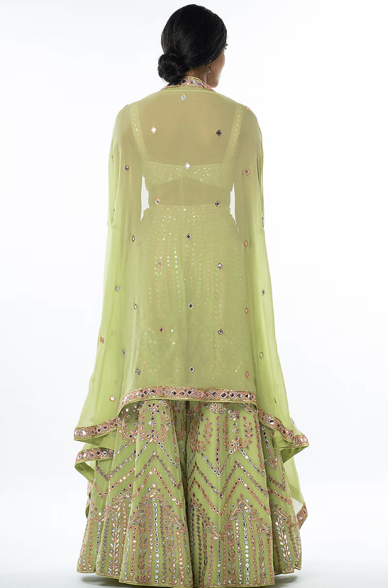 Green Embroidered Sharara Set With Cape - Image 2