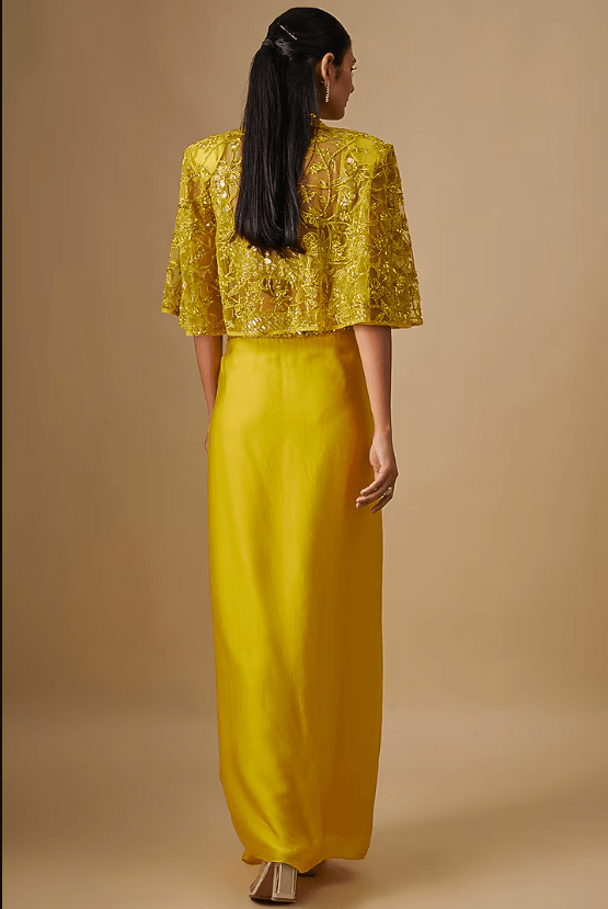 Yellow Satin Organza Mirror Hand & Machine Embroidered Cape Set - Image 2