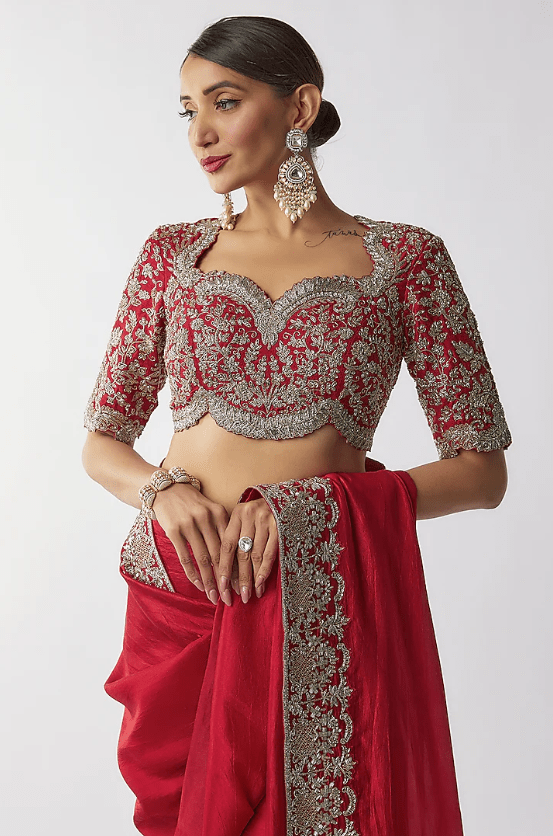 Red Silk Zari Embroidered Saree Set - Image 3