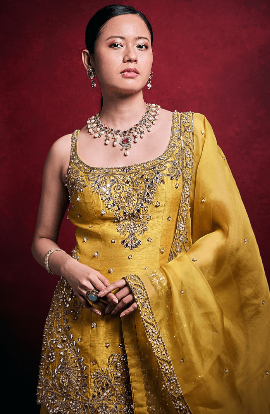 Mustard Organza & Raw Silk Zari Embroidered Gharara Set - Image 3