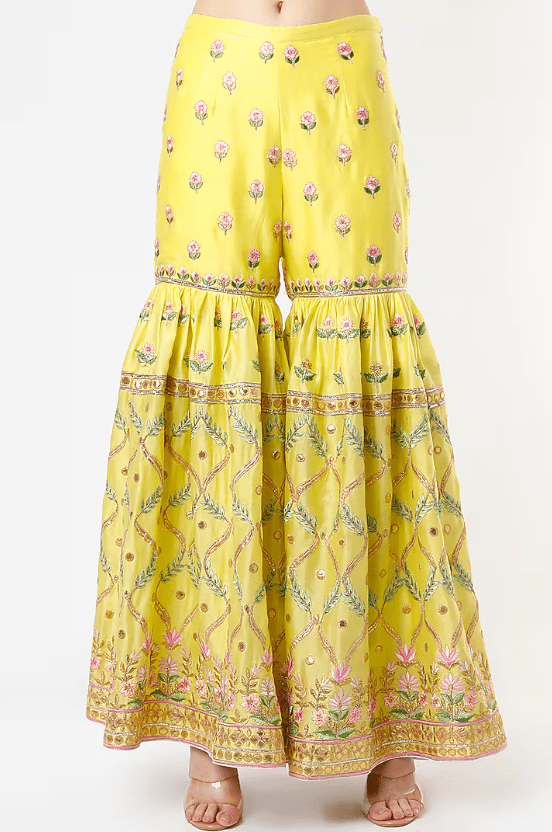 Lemon Yellow Chanderi Resham Embroidered Gharara Set - Image 3