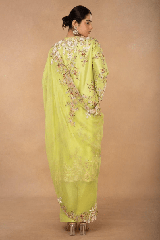 Lime green floral embellished kurta set - Image 4