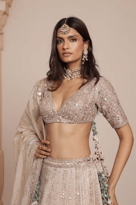 Gold & Multithread Organza Floral Lehenga Set - Image 4