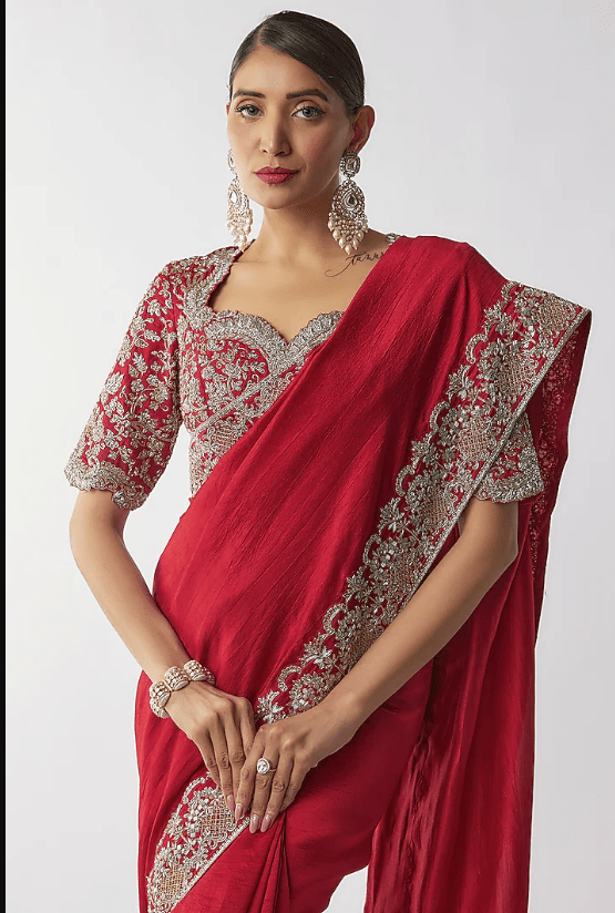 Red Silk Zari Embroidered Saree Set - Image 4