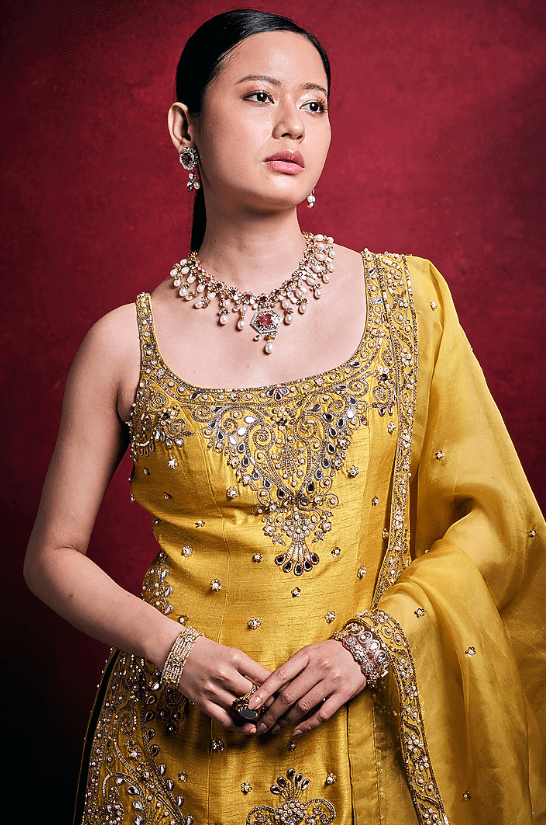 Mustard Organza & Raw Silk Zari Embroidered Gharara Set - Image 4