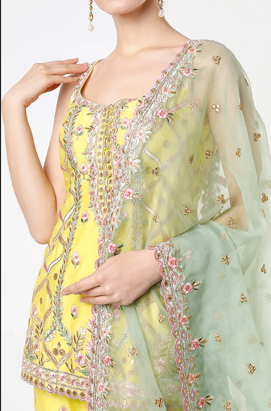 Lemon Yellow Chanderi Resham Embroidered Gharara Set - Image 4