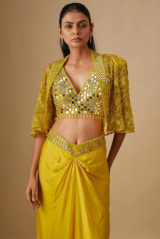 Yellow Satin Organza Mirror Hand & Machine Embroidered Cape Set - Image 4