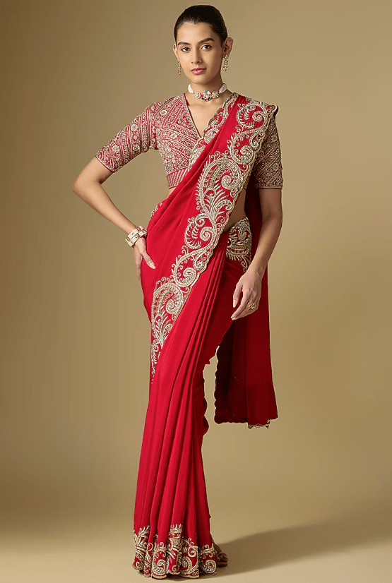 Red Raw Silk Embroidered Saree Set