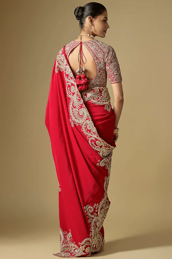 Red Raw Silk Embroidered Saree Set - Image 2