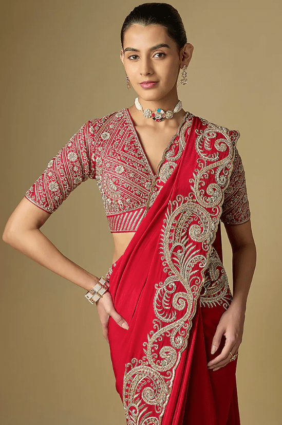 Red Raw Silk Embroidered Saree Set - Image 4
