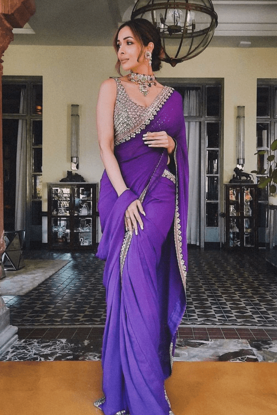 Purple Georgette Rose Gold Sequin Sari Set.