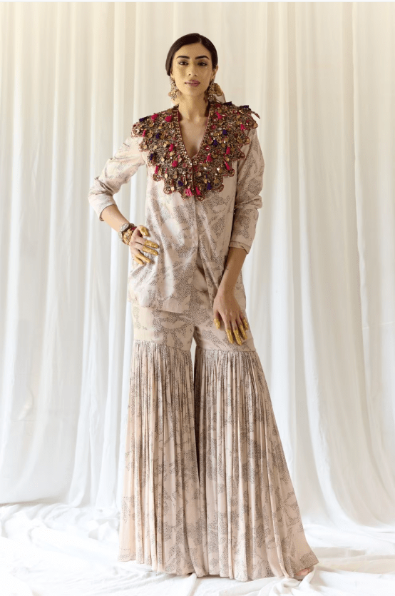 White Satin Silk Jacket & Sharara Set with Cape
