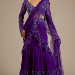 Purple Satin Tulle Hand & Machine Embroidered Draped Saree Set