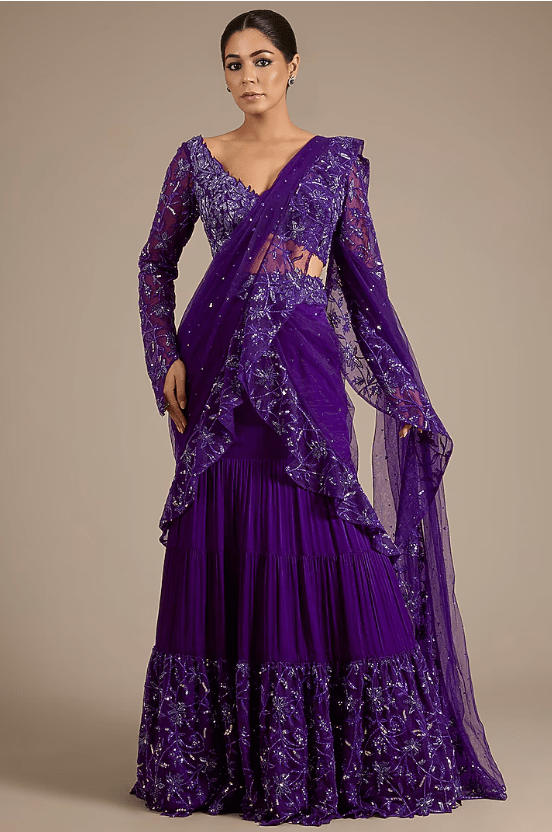 Purple Satin Tulle Hand & Machine Embroidered Draped Saree Set