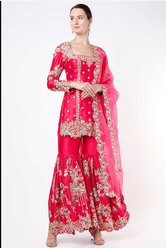 Hot Pink Chanderi Frilled Gharara Set