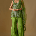 Olive Green Satin Hand & Machine Embroidered Sharara Set