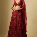 Red Satin & Chinon Hand Embroidered Lehenga Set