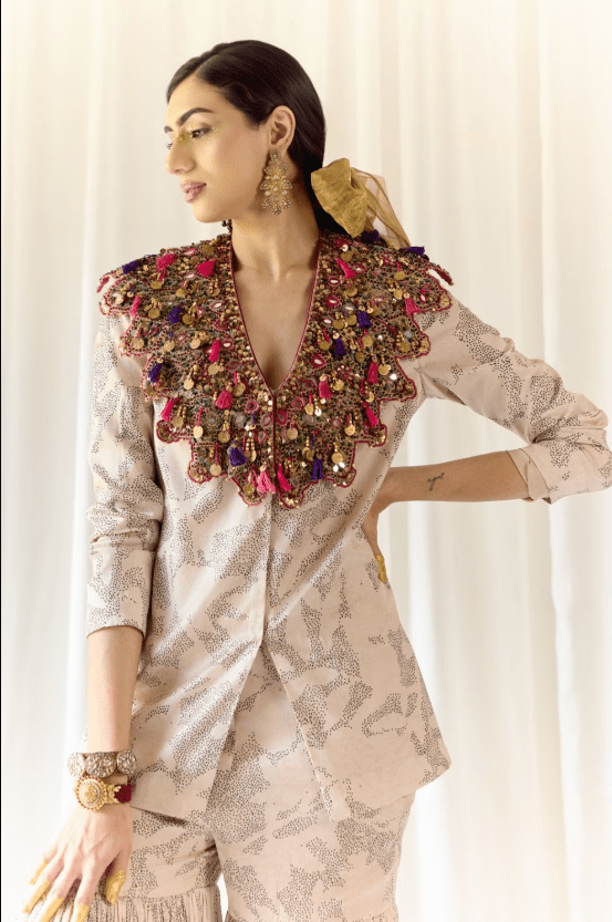White Satin Silk Jacket & Sharara Set with Cape - Image 2