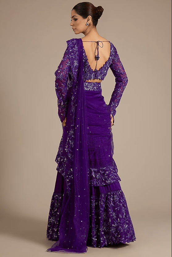 Purple Satin Tulle Hand & Machine Embroidered Draped Saree Set - Image 2