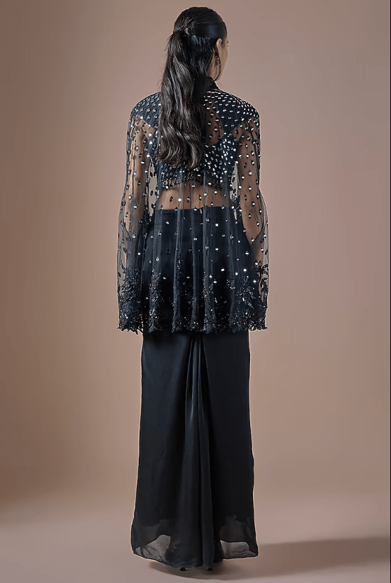Black Tulle Mirror Embroidered Cape Set - Image 2