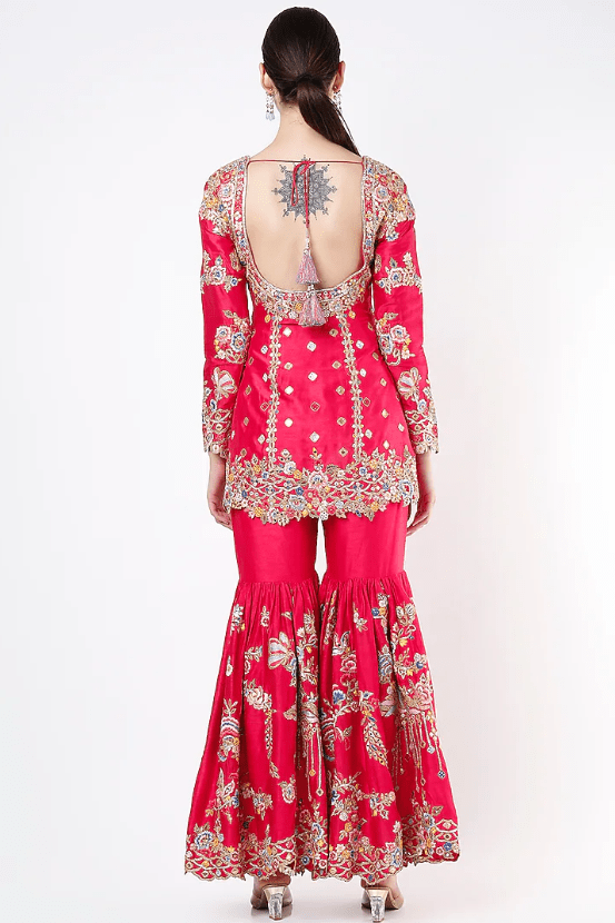 Hot Pink Chanderi Frilled Gharara Set - Image 2
