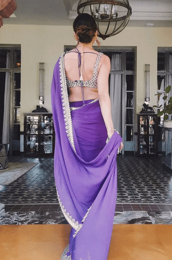 Purple Georgette Rose Gold Sequin Sari Set. - Image 2