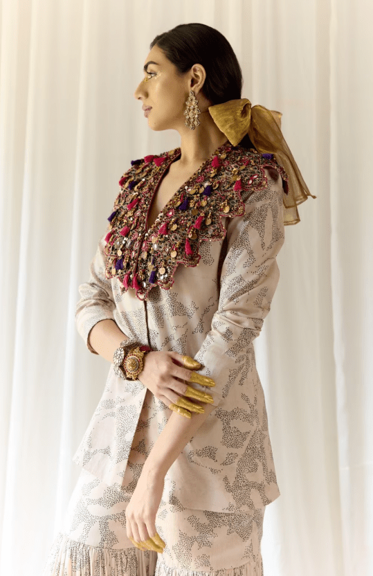 White Satin Silk Jacket & Sharara Set with Cape - Image 3