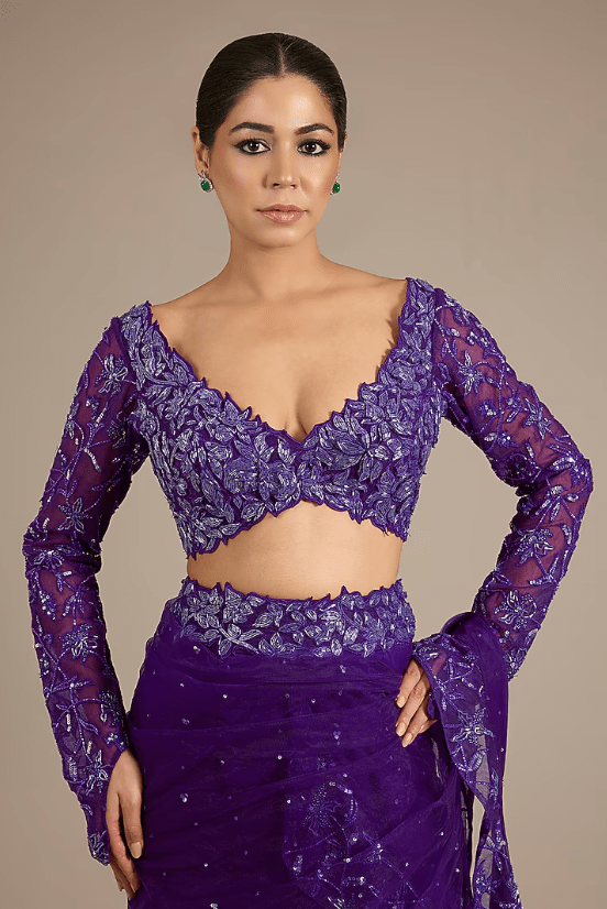 Purple Satin Tulle Hand & Machine Embroidered Draped Saree Set - Image 3