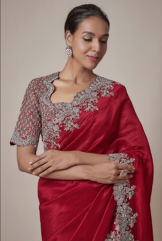 Red Silk Cutwork Embroidered Saree Set - Image 4