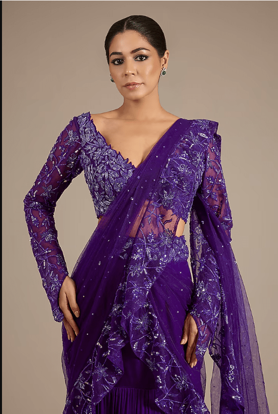Purple Satin Tulle Hand & Machine Embroidered Draped Saree Set - Image 4
