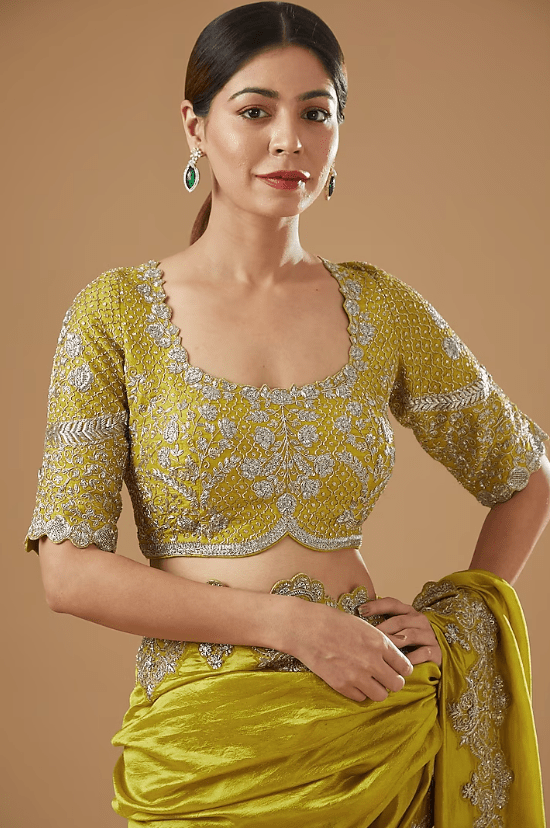 Mustard Silk Embroidered Saree Set - Image 4