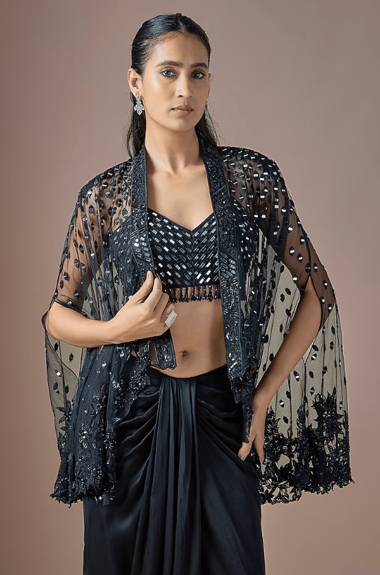 Black Tulle Mirror Embroidered Cape Set - Image 4