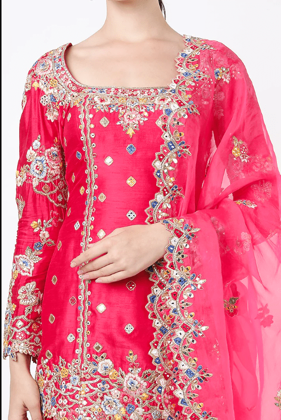 Hot Pink Chanderi Frilled Gharara Set - Image 4