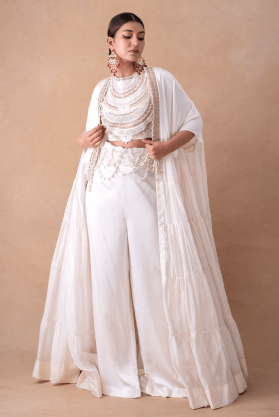 Pearl White Floral & Sequin Adorned Cape Set