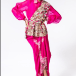 Fuschia pink one shoulder cape set