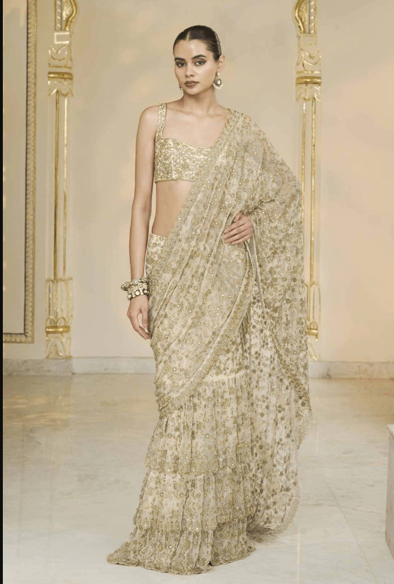 Gold-Beige Hand Embroidred Ruffle Concept Sari Set
