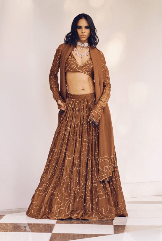Brown Modal Silk Zardozi Jaal Lehenga Set