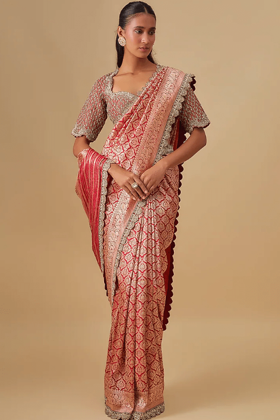 Red Banarasi Silk Zardosi Embroidered Saree Set