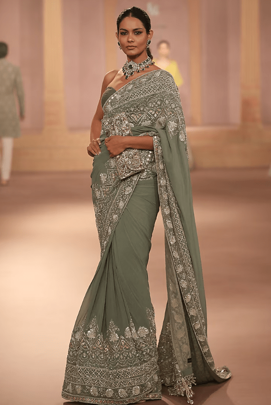 Mint Crepe Gota Embroidered Saree Set