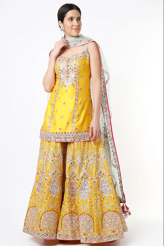 Bright Yellow Embroidered Sharara Set