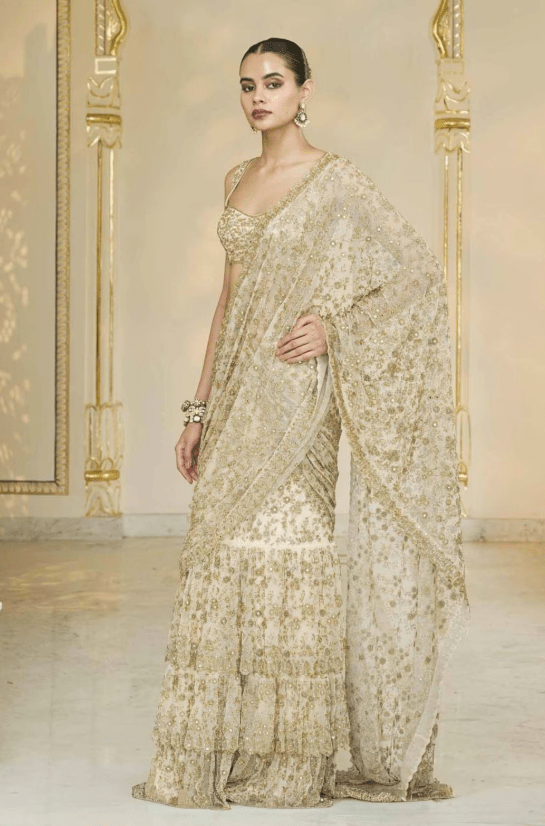 Gold-Beige Hand Embroidred Ruffle Concept Sari Set - Image 2