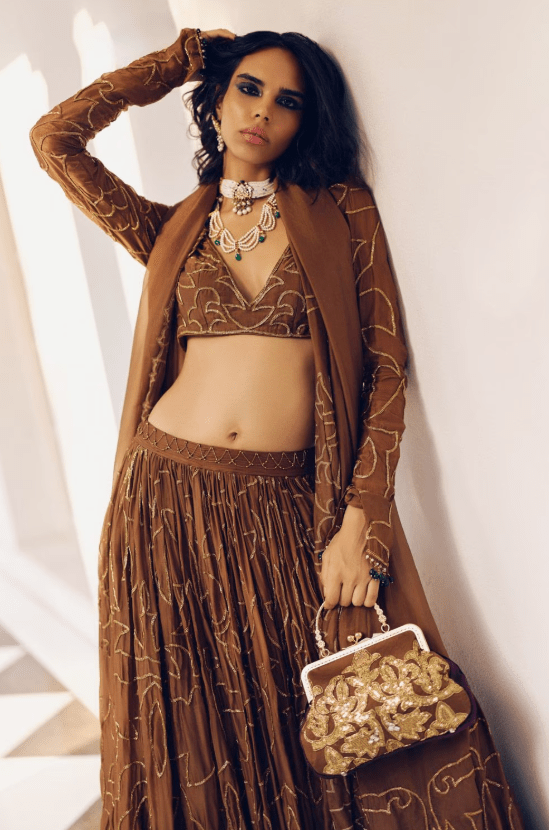 Brown Modal Silk Zardozi Jaal Lehenga Set - Image 2