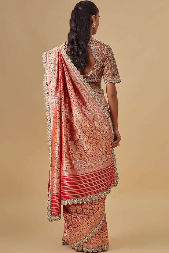Red Banarasi Silk Zardosi Embroidered Saree Set - Image 2