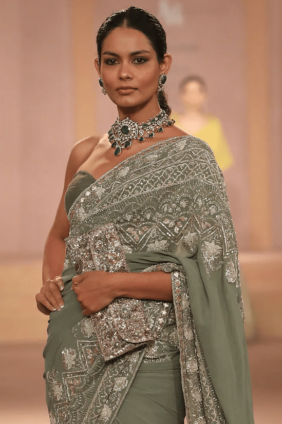 Mint Crepe Gota Embroidered Saree Set - Image 2