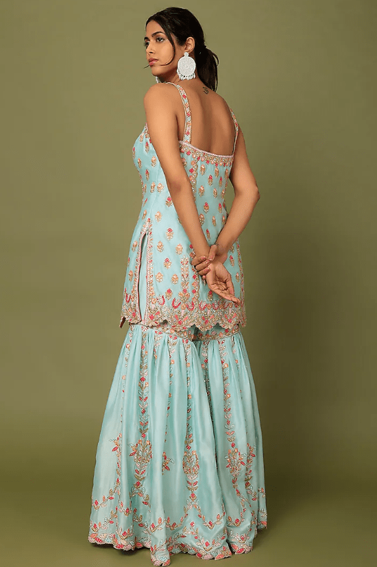 Blue Chanderi Silk Resham Embroidered Gharara Set - Image 2
