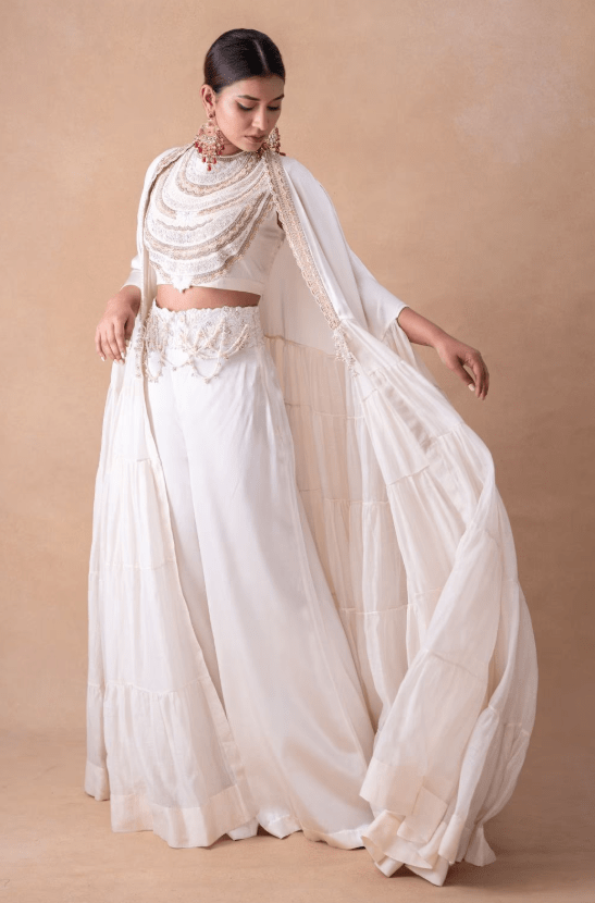 Pearl White Floral & Sequin Adorned Cape Set - Image 3