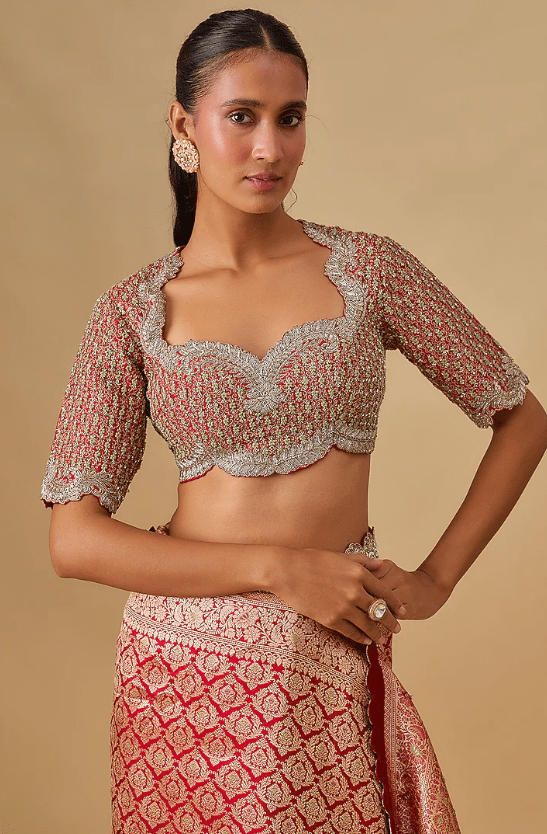 Red Banarasi Silk Zardosi Embroidered Saree Set - Image 3